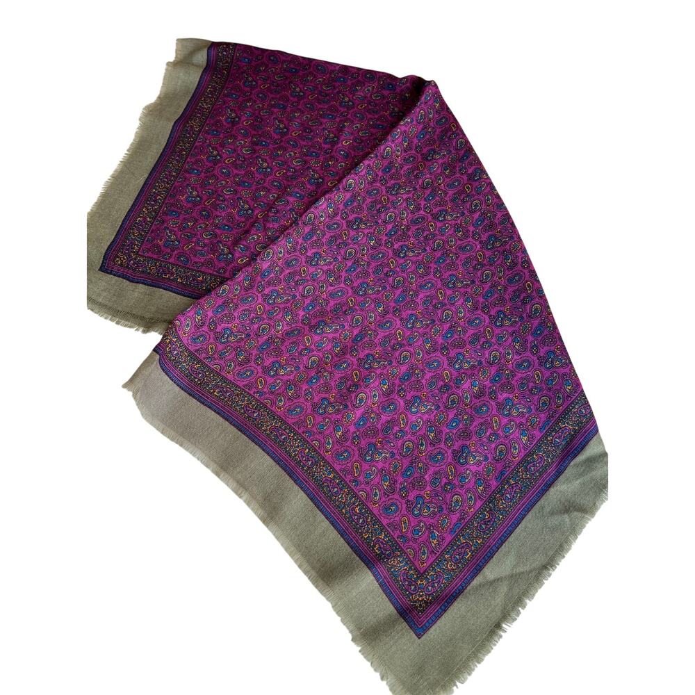 Vintage Charter Club Paisley Print Fringed Wool Scarf Olive Green Purple